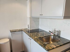 Fridge, microwave, cookware/dishes/utensils