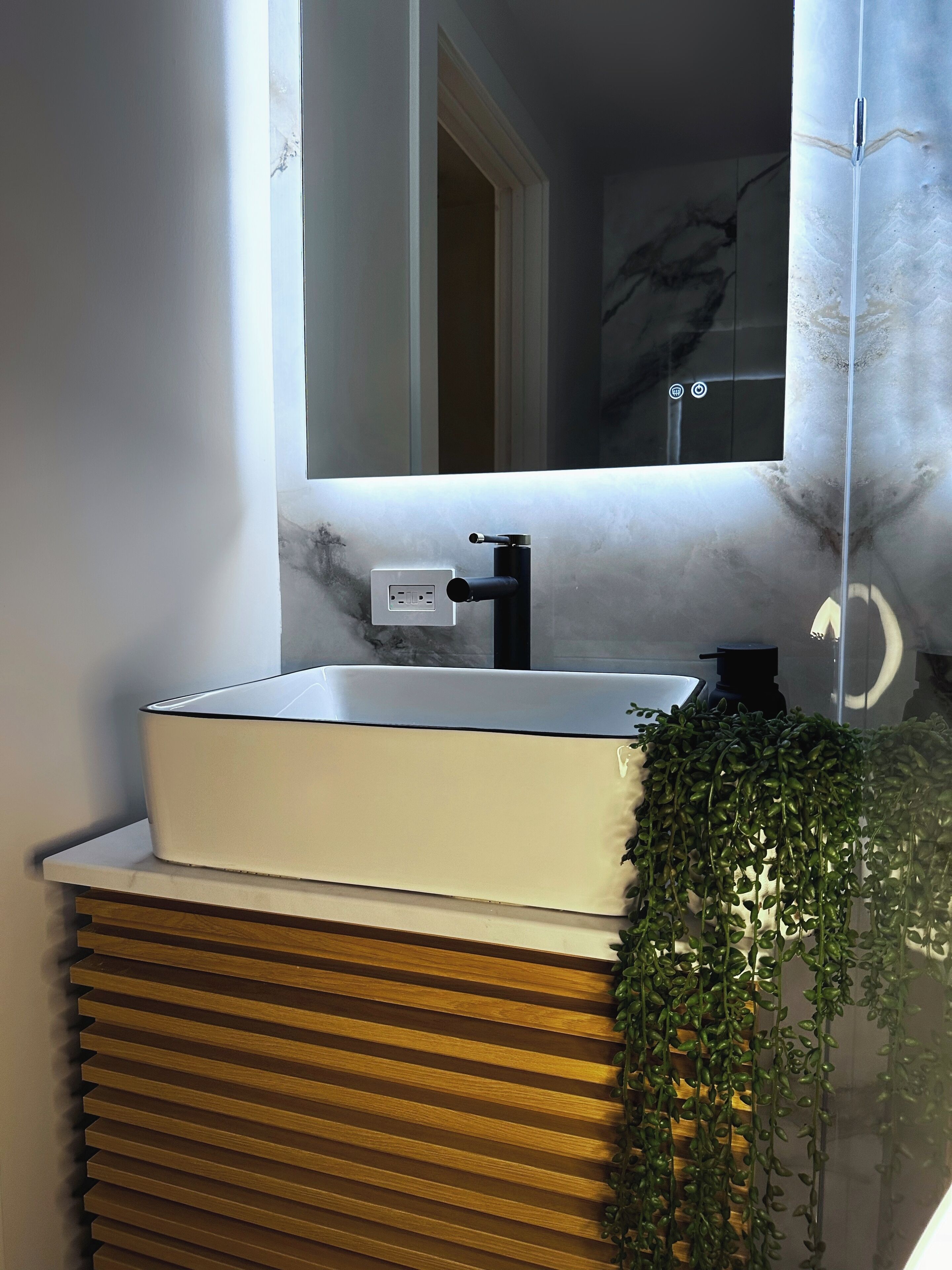 Une salle de bain avec un lavabo blanc, un miroir et une plante en pot.
