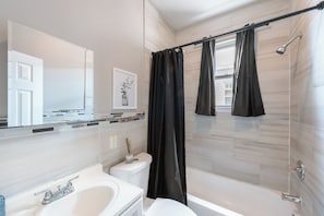 Hair dryer, towels, soap, toilet paper