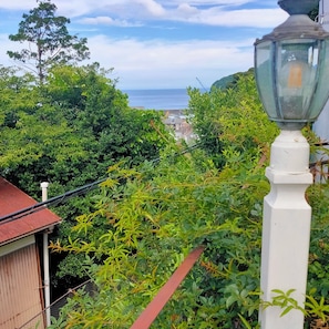 Un paisaje exuberante verde con vista al mar y una construcción distante.