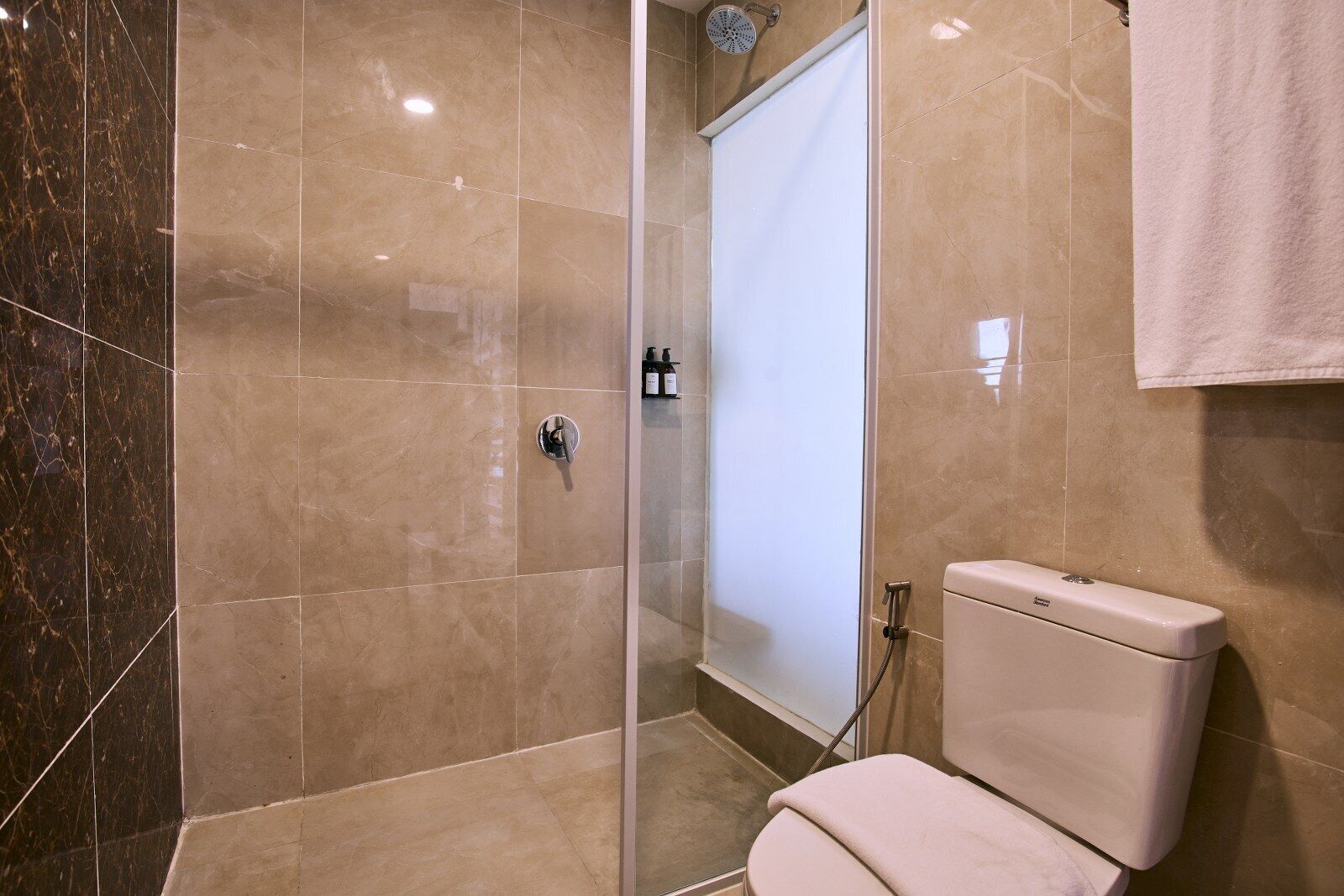 A bathroom with a glass-enclosed shower, a toilet, and a towel hanging on the wall.