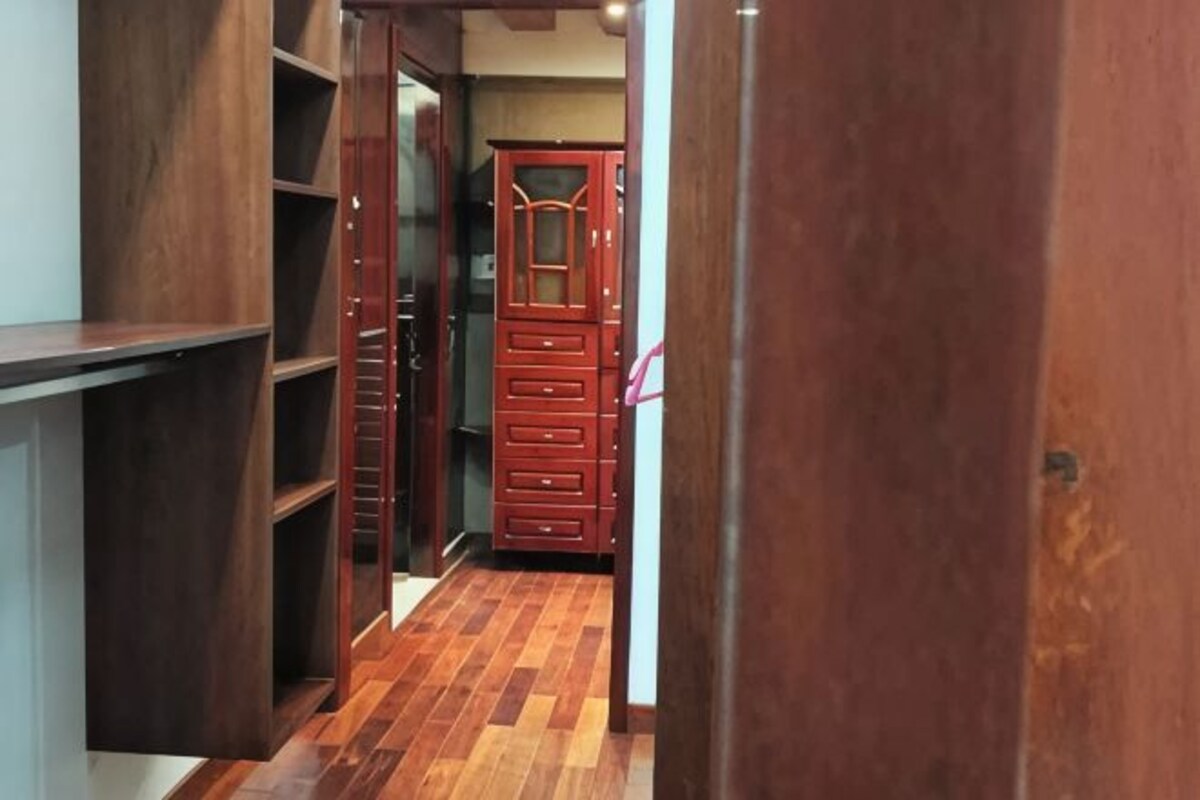 A hallway with wooden flooring, a wardrobe, and a door.