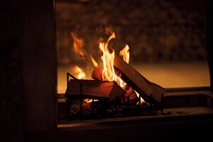 Una chimenea con leña ardiendo y llamas.