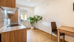 A modern kitchen with a wooden countertop, a built-in stove, and a potted plant. - Apartment 'Weida' with Wi-Fi (Riesa)