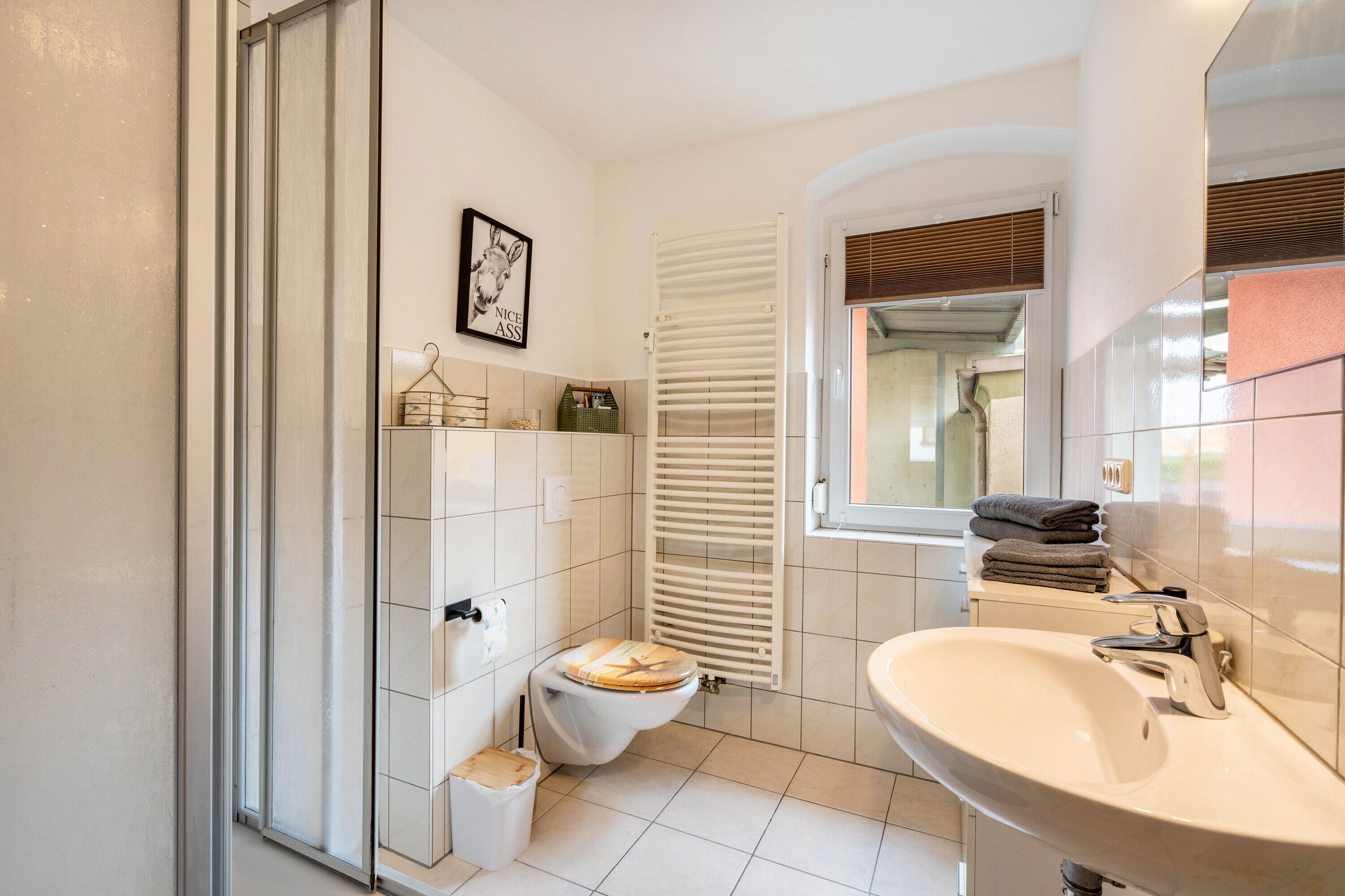 Chuveiro, secador de cabelo, toalhas de banho 