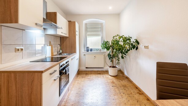 A modern kitchen with wooden cabinets, a built-in oven, and a potted plant. - Apartment 'Weida' with Wi-Fi (Riesa)