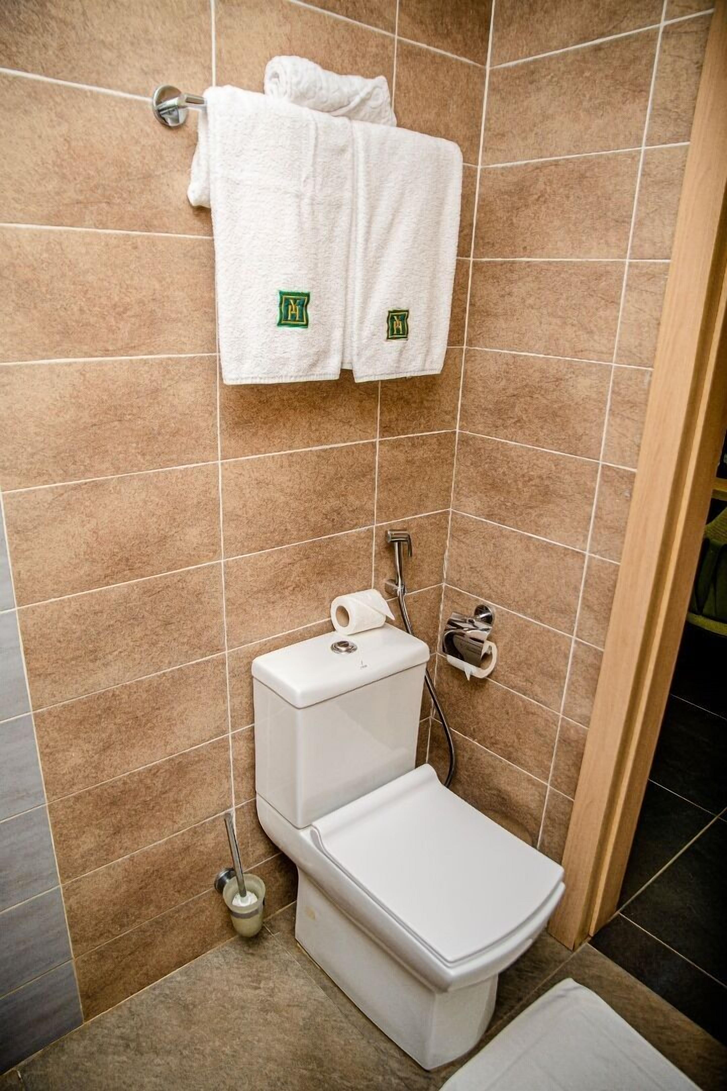 A bathroom with a toilet, a towel rack with two towels, and a toilet paper holder.