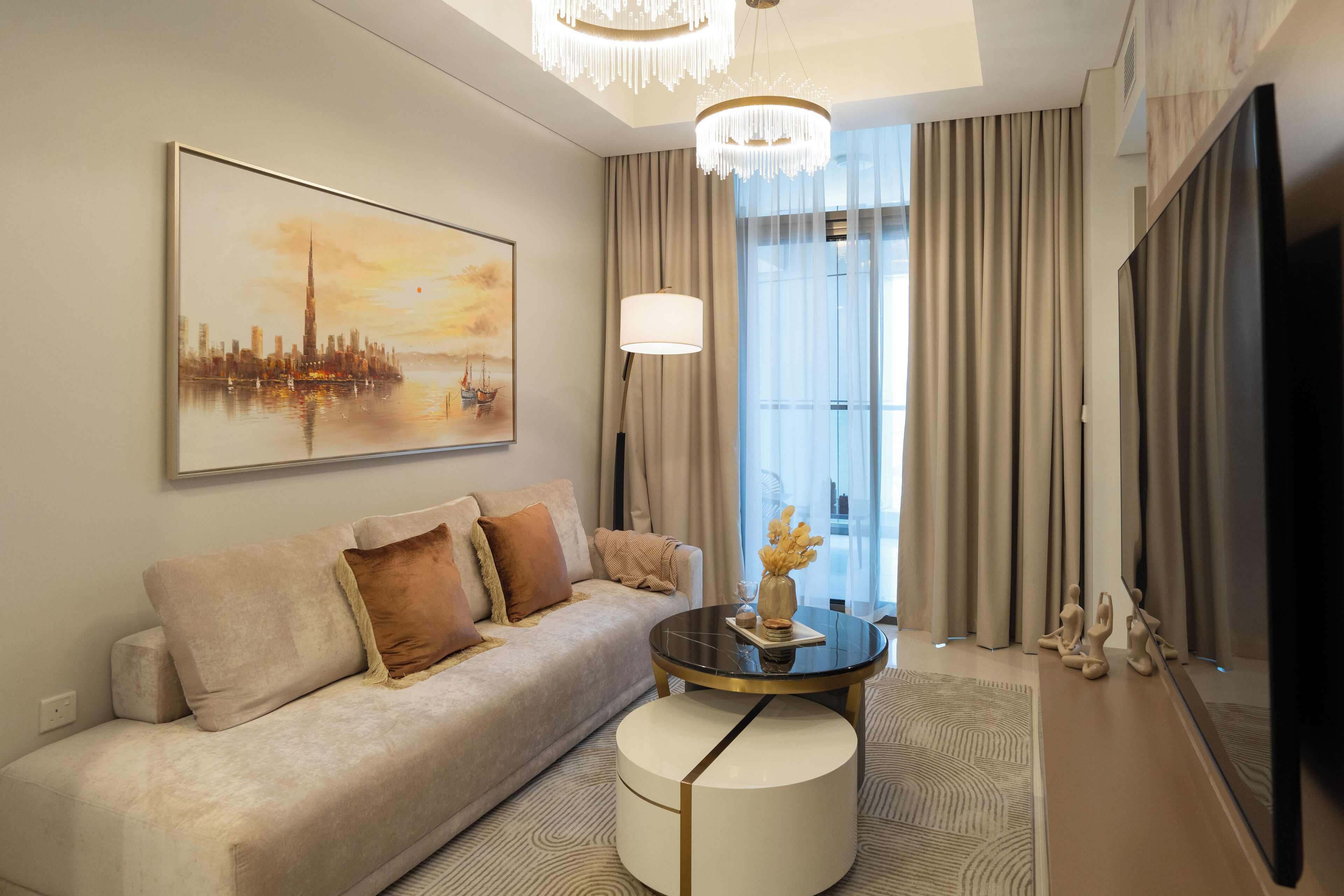 Deluxe Apartment, 2 Bedrooms, Balcony, City View | Living area | 50-cm Smart TV with digital channels