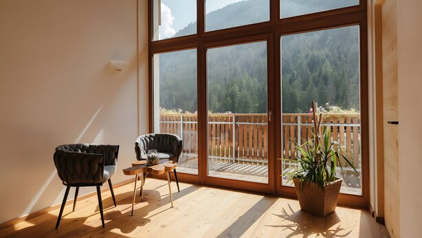 Een kamer met een groot raam, een houten terras, twee stoelen en een potplant.