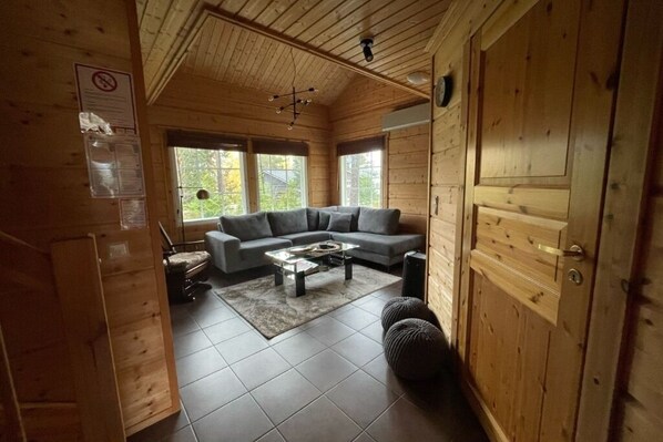 Flat-screen TV, fireplace