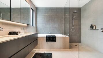 Shower, hair dryer, towels, soap