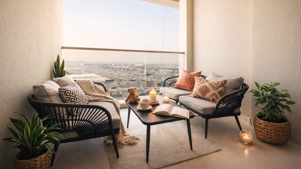 A balcony with two wicker chairs, a small table with candles, a teddy bear, and a view of a cityscape. - Keyrock Living - Oasis with Balcony View (Dubai)