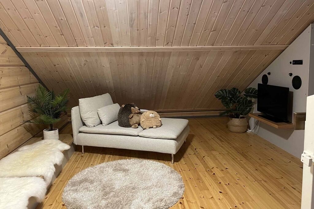 A cozy loft bedroom with a wooden sloped ceiling, a sofa with cushions, a fluffy rug, and two potted plants.