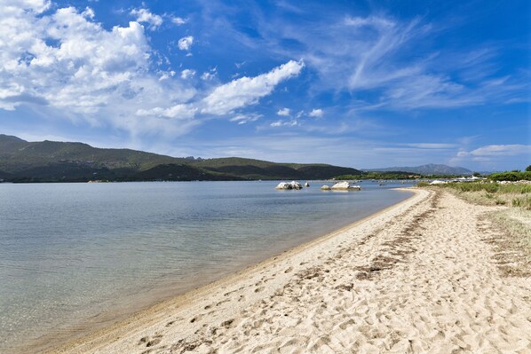 On the beach, sun loungers