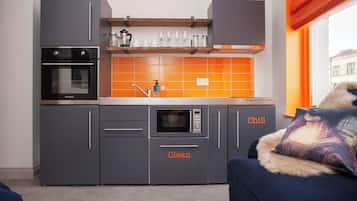 Appartement, vue ville | Cuisine privée | Réfrigérateur, micro-ondes, four, plaque de cuisson