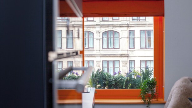 Une fenêtre donnant sur un bâtiment et sur une plante à l’intérieur.
