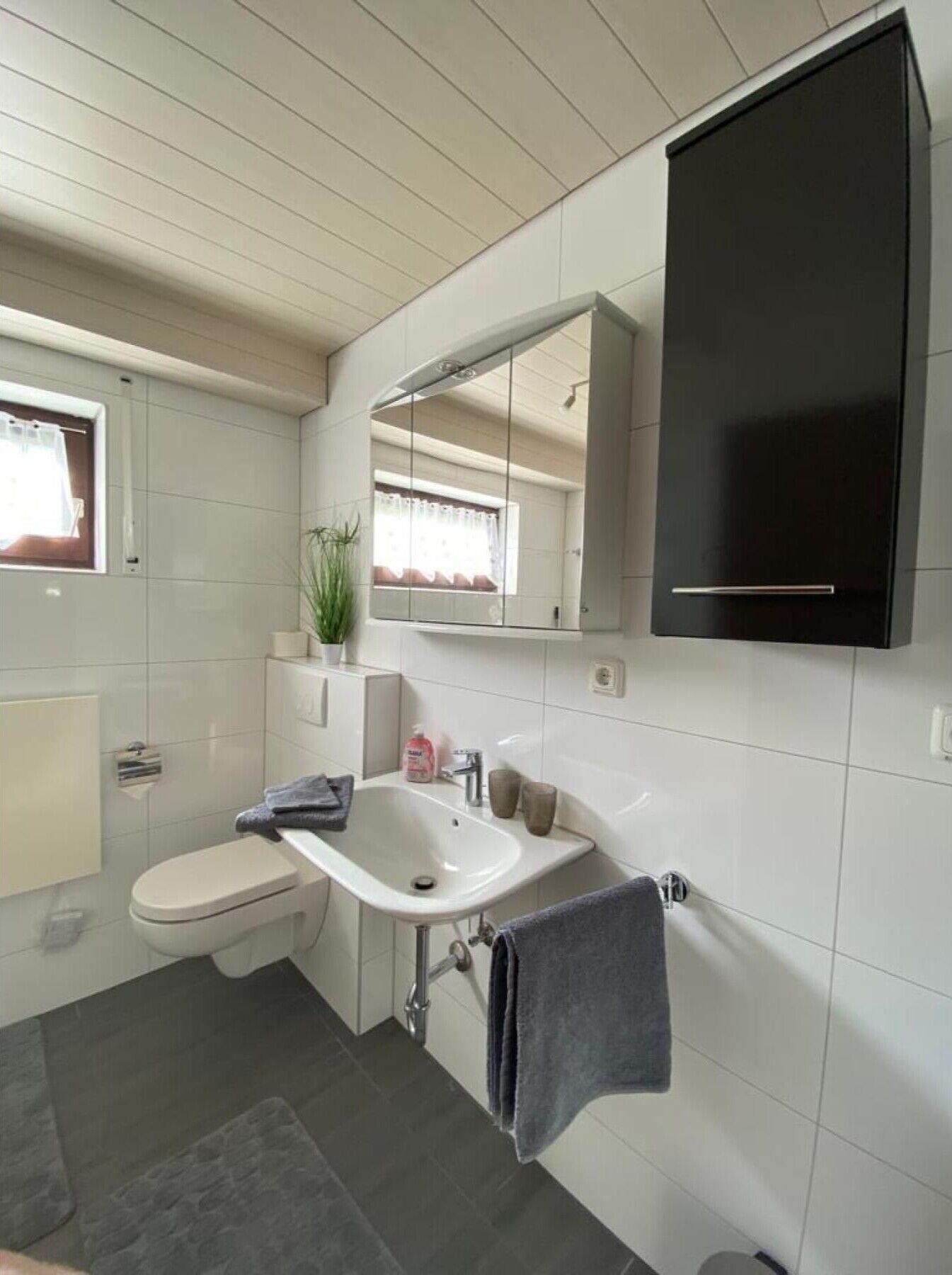 A modern bathroom with a toilet, sink, mirror, and towel rack.