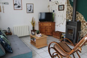 TV connectée, cheminée, livres, chaîne hi-fi