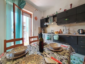 Fridge, oven, cookware/dishes/utensils