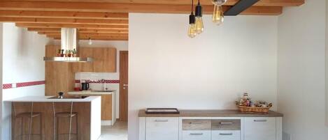 Kjøleskap, mikrobølgeovn, kokeplater og kaffetrakter/tekoker