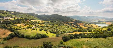 A panoramic view of a lush valley with rolling hills, a lake, and scattered buildings.