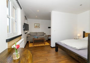 A room with a bed, a sofa, a TV, and a window. - Cozy 1-Room Apartment with Shared Terrace, Garden & Wi-Fi (Bützow)