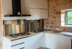 Geladeira, fogão, cooktop, talheres/pratos/utensílios de cozinha