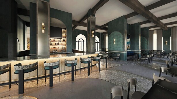 A spacious bar area with high ceilings and a modern design, featuring a bar counter with stools and a wine display. - GULFSTREAM HOTEL, Lake Worth Beach, a Tribute Portfolio Hotel (Lake Worth)
