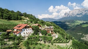 Un village perché sur une colline, avec ses maisons traditionnelles en bois, ses vignobles en terrasses et une chaîne de montagnes en toile de fond.