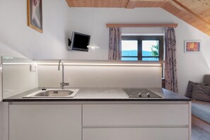 Fridge, microwave, stovetop, coffee/tea maker