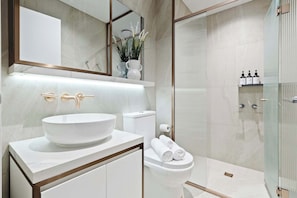 Shower, hair dryer, towels