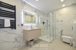 Shower, hair dryer, bidet, towels