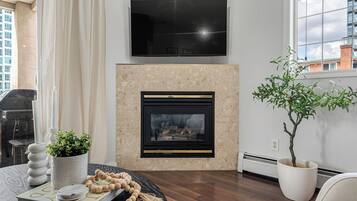 A modern living room with a fireplace, a flat-screen TV mounted above it, a potted plant, and a dining area with a table and chairs.