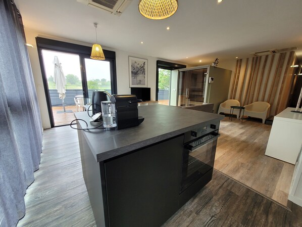 Microwave, oven, stovetop - Large apartment with hammam, sauna, terrace, between Bordeaux and Saint-Emilion (Fargues-Saint-Hilaire)