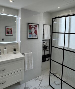 Shower, hair dryer, towels