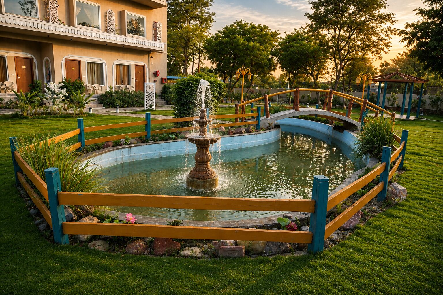 Un bassin circulaire avec une fontaine, entouré d’une clôture en bois, situé dans un jardin bien entretenu, avec un bâtiment visible au fond.