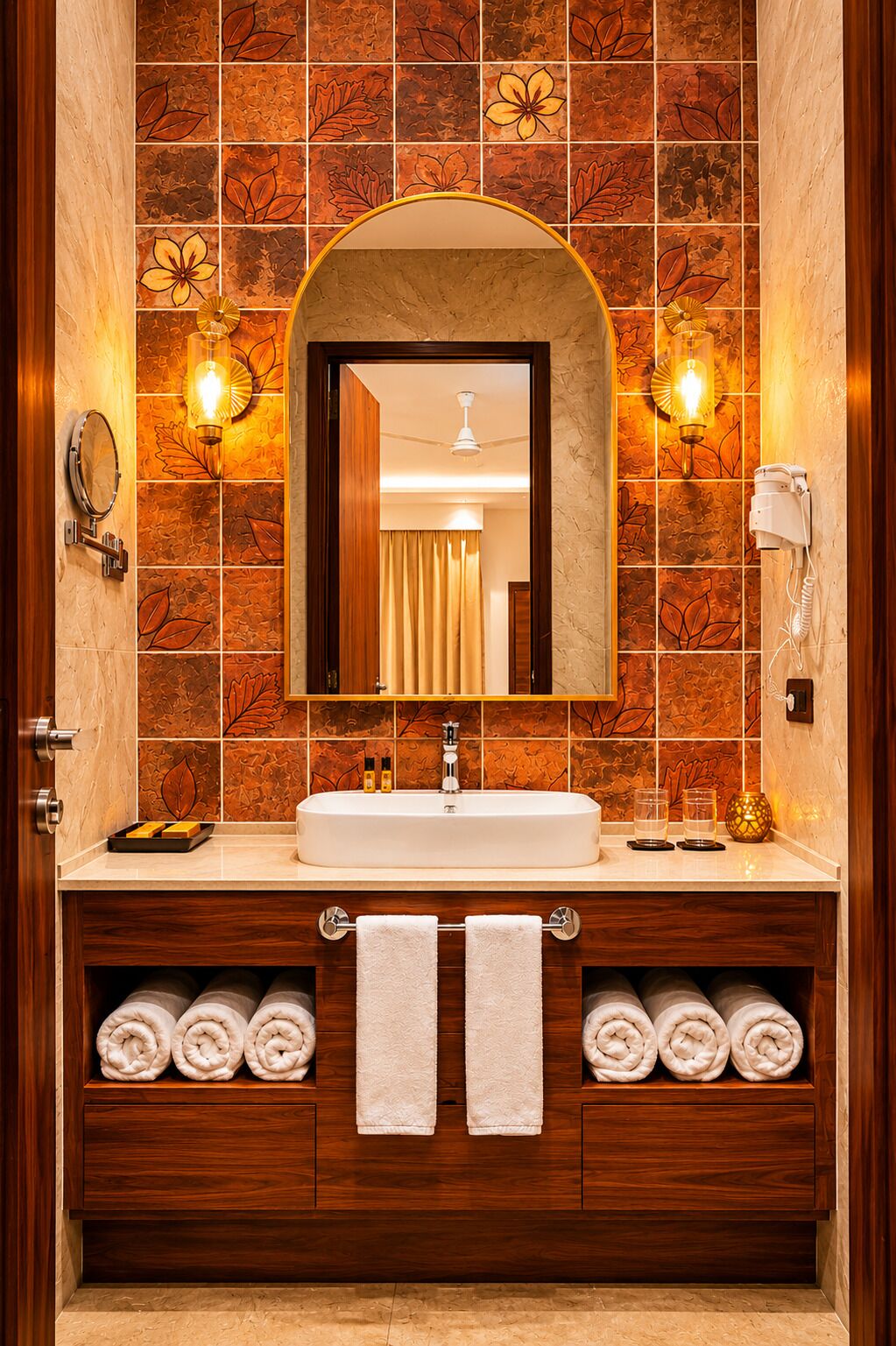 A bathroom with a marble sink, wooden vanity, towels, and a mirror with a decorative arch.