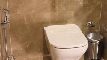 Buồng tắm vòi sen, máy sấy tóc, dép đi trong nhà, khăn tắm
