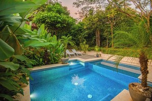 A swimming pool with clear blue water, surrounded by lush greenery and potted plants.