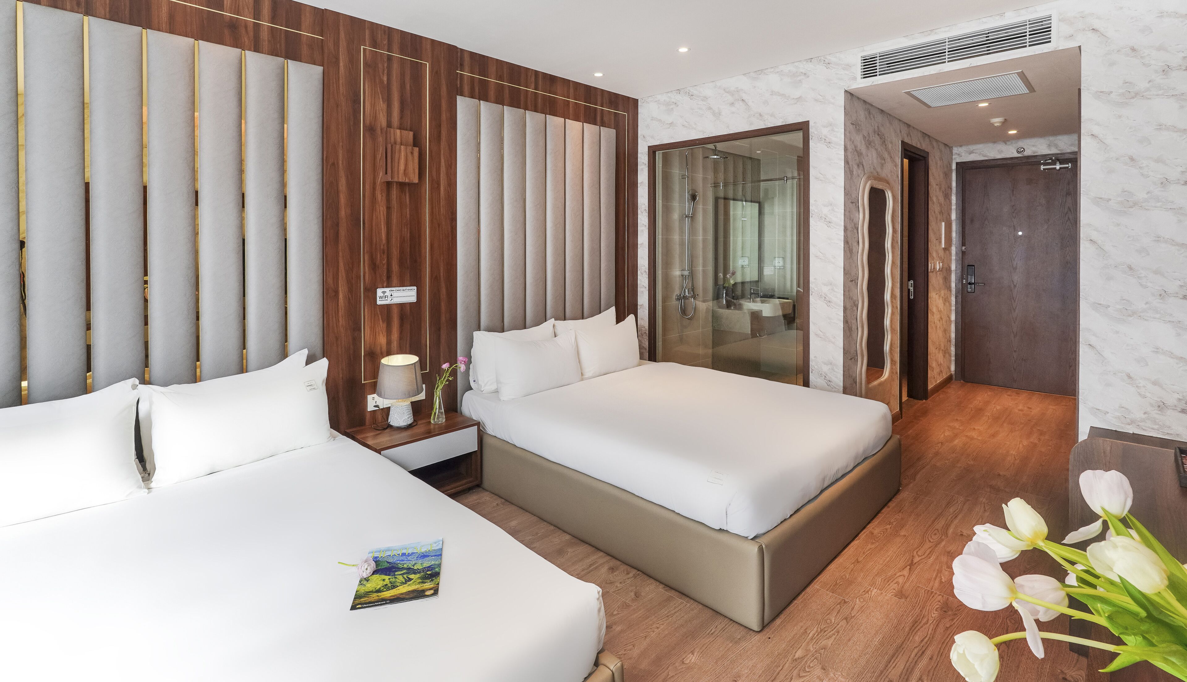 Pillow-top beds, free minibar items, in-room safe, desk