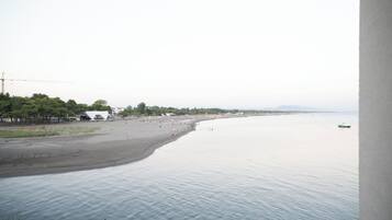 A beach with a calm sea, a few people, and a boat in the distance.