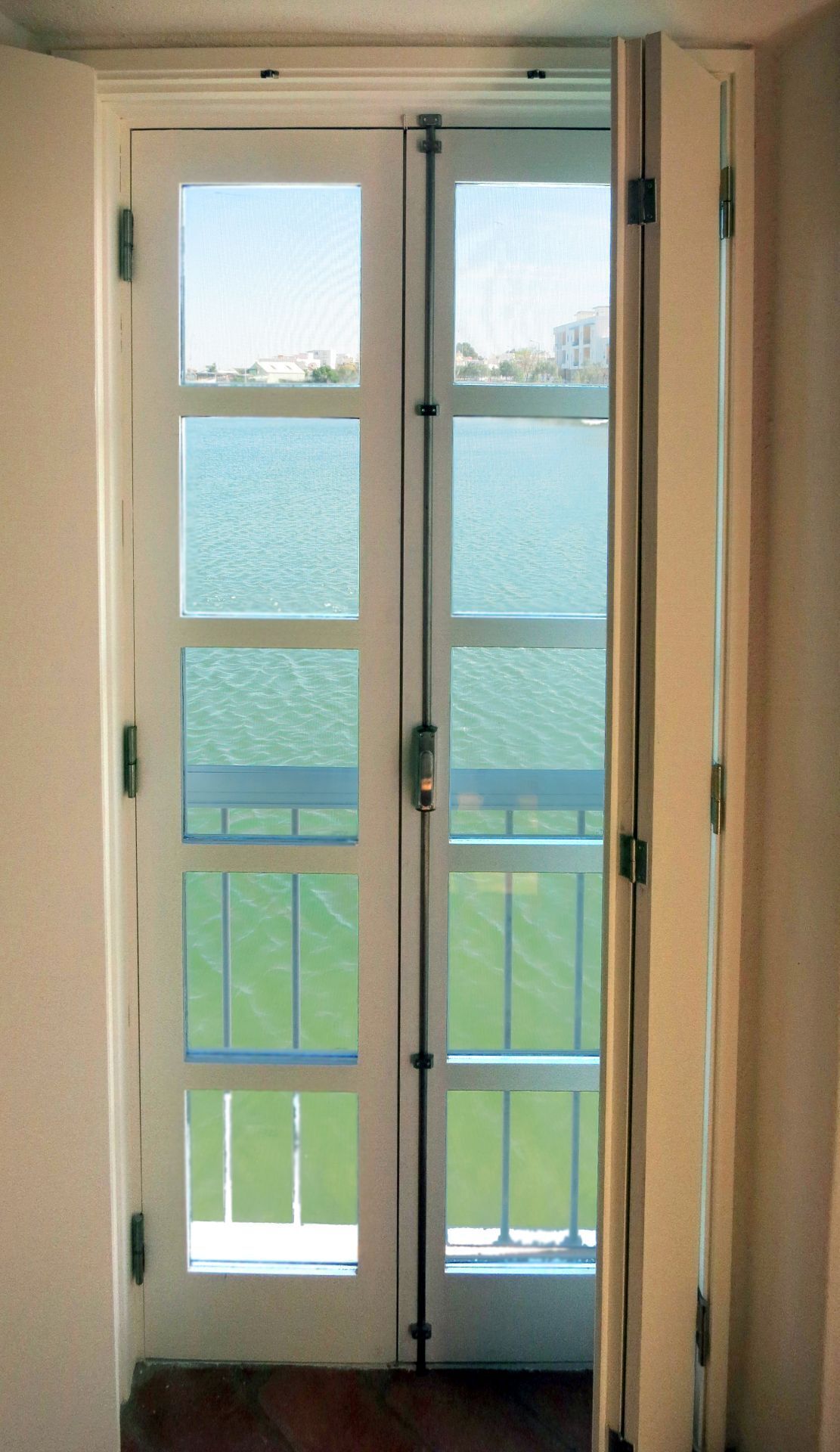 A double door with frosted glass panels and a view of a body of water and greenery.