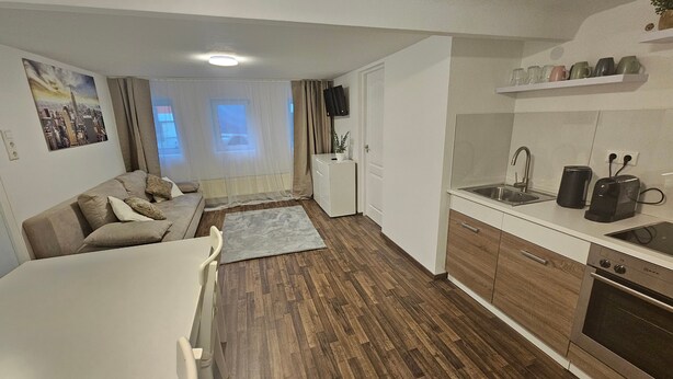 A compact living space with a sofa, a dining table, a kitchen area with a sink and appliances, and a small window. - Apartment 'By B2' with Wi-Fi (Thüngen)