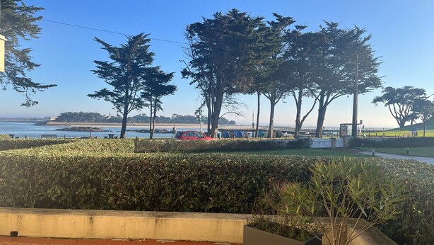 Ein angelegter Garten mit einem gepflasterten Weg, einer Baumreihe und Blick auf das Meer.