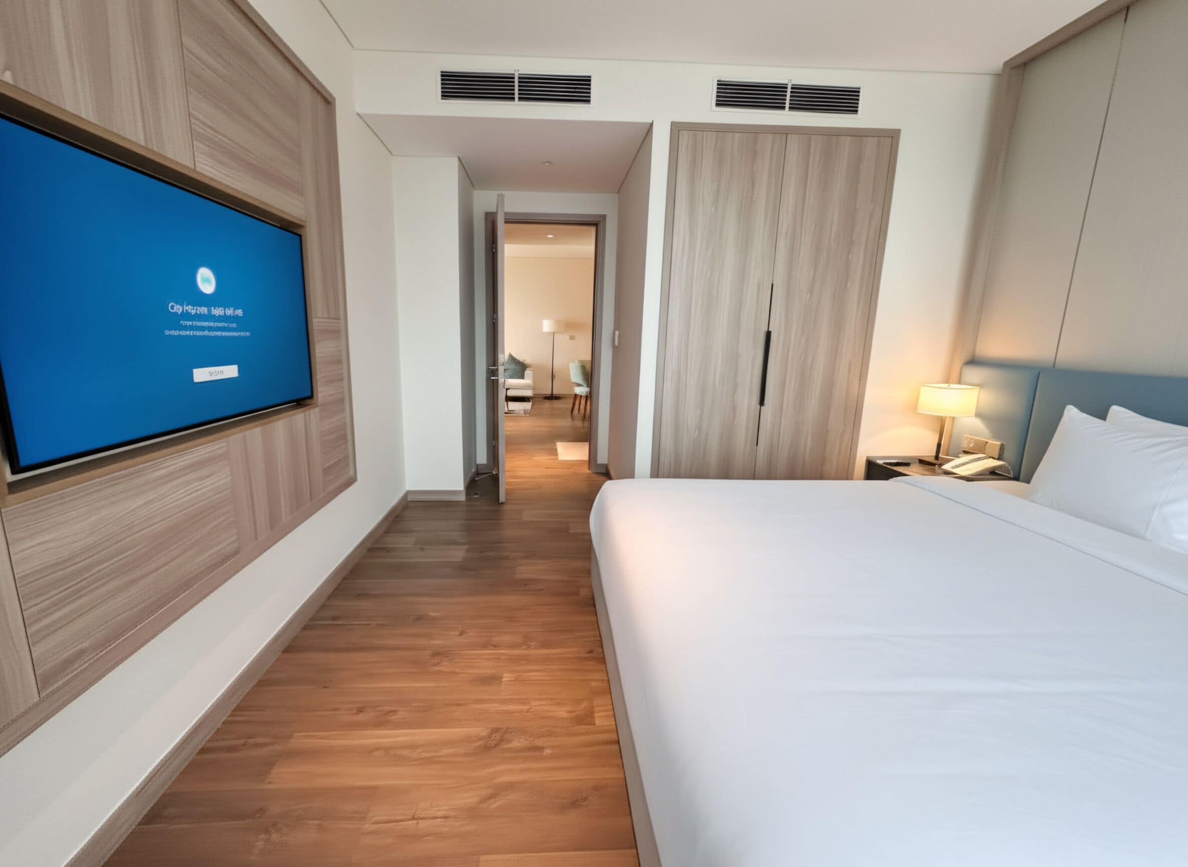 A hotel room with a bed, a TV mounted on the wall, a wardrobe, and a bedside table with a lamp.