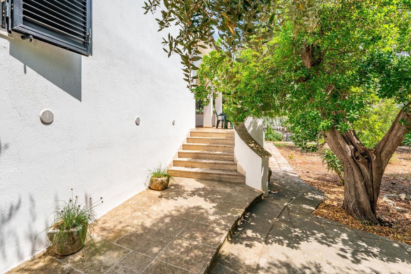 A white building with a staircase leading to a door, surrounded by greenery and a tree.