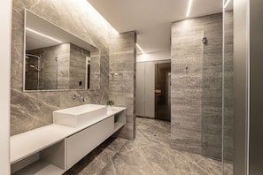 Shower, hair dryer, towels