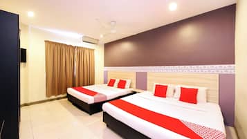 Desk, laptop workspace, free WiFi, bed sheets