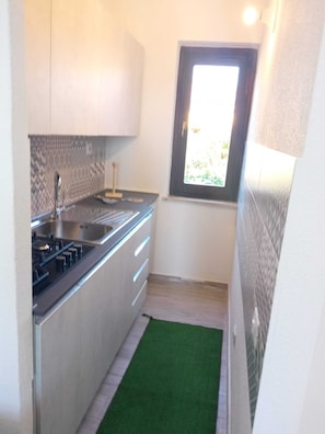 Fridge, microwave, stovetop, cookware/dishes/utensils