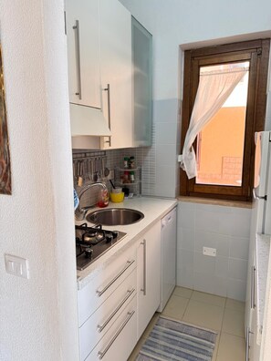 Fridge, microwave, stovetop, cookware/dishes/utensils